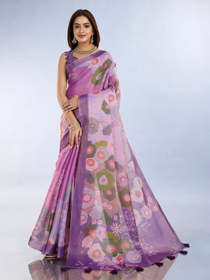 Rajwada Purple Cotton Blend Printed Saree For Women