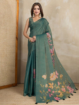 Rajwada Dark  Green Cotton Blend Printed Saree For Women