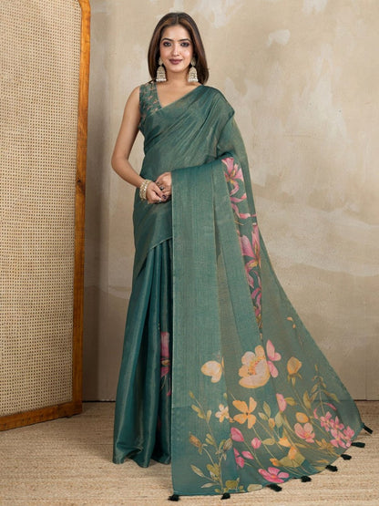 Rajwada Dark  Green Cotton Blend Printed Saree For Women