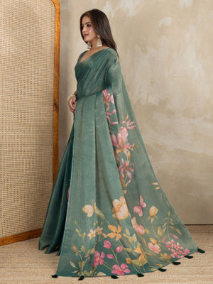 Rajwada Dark  Green Cotton Blend Printed Saree For Women