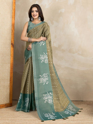 Rajwada Olive And Teal green Cotton Blend Printed Saree For Women