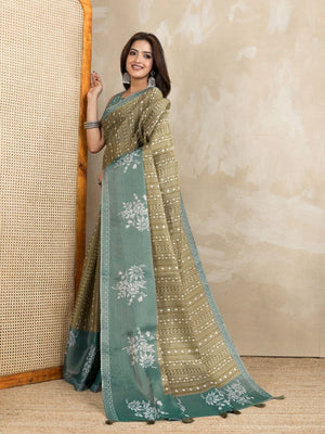 Rajwada Olive And Teal green Cotton Blend Printed Saree For Women