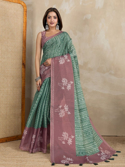 Rajwada Sea Green And Mauve Pin Cotton Blend Printed Saree For Women