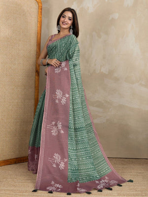 Rajwada Sea Green And Mauve Pin Cotton Blend Printed Saree For Women