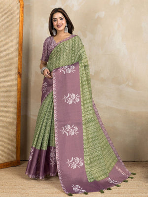 Rajwada Olive  And Mauve Pink Cotton Blend  Printed Saree For Women