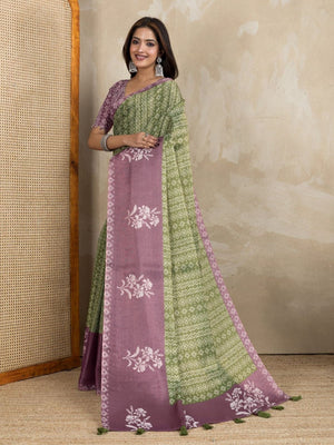 Rajwada Olive  And Mauve Pink Cotton Blend  Printed Saree For Women