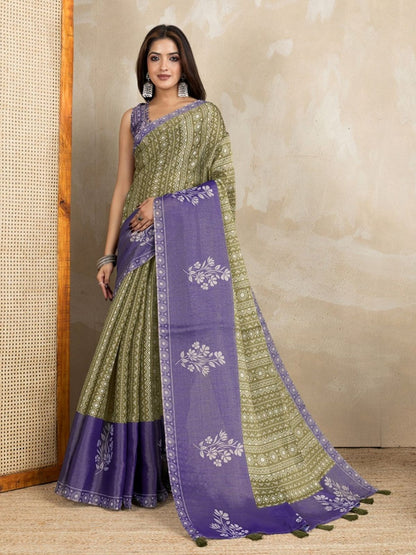 Rajwada Olive And Purple Cotton Blend Printed Saree For Women