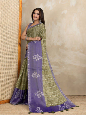 Rajwada Olive And Purple Cotton Blend Printed Saree For Women
