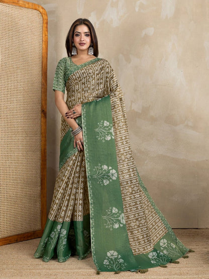 Rajwada Beige And Sea Greeen Cotton Blend  Printed Saree For Women