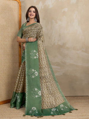 Rajwada Beige And Sea Greeen Cotton Blend  Printed Saree For Women