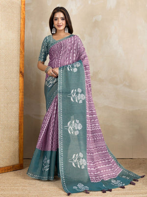 Rajwada Purple And Pastel Blue Cotton Blend  Printed Saree For Women
