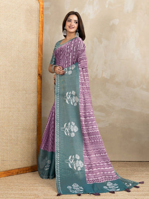 Rajwada Purple And Pastel Blue Cotton Blend  Printed Saree For Women