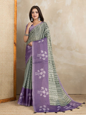 Rajwada Purple And Olive Cotton Blend  Printed Saree For Women