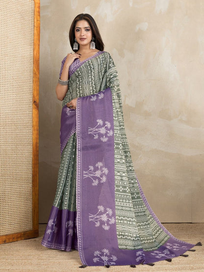 Rajwada Purple And Olive Cotton Blend  Printed Saree For Women