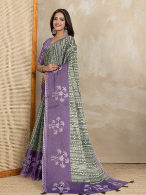 Rajwada Purple And Olive Cotton Blend  Printed Saree For Women
