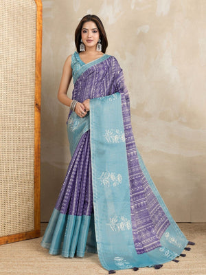 Rajwada Purple And Light Blue Cotton Blend Printed Saree For Women