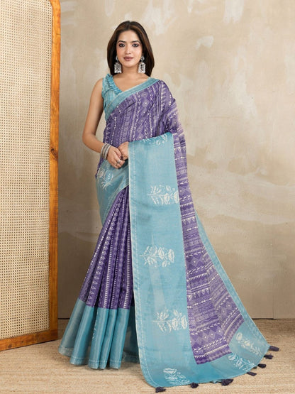 Rajwada Purple And Light Blue Cotton Blend Printed Saree For Women