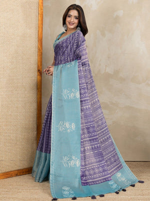 Rajwada Purple And Light Blue Cotton Blend Printed Saree For Women