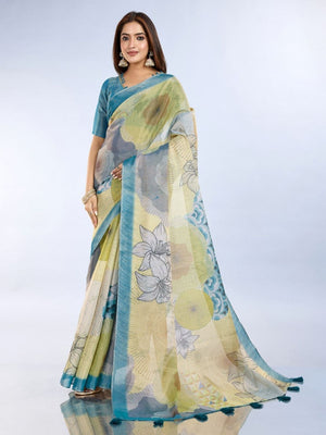 Rajwada Blue And Green Cotton Blend  Printed Saree For Women