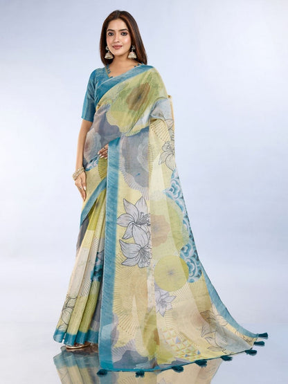 Rajwada Blue And Green Cotton Blend  Printed Saree For Women