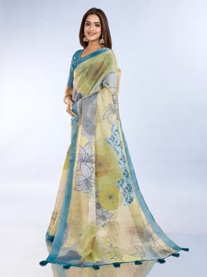 Rajwada Blue And Green Cotton Blend  Printed Saree For Women