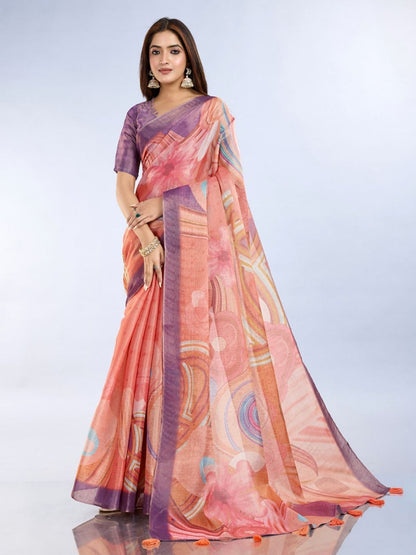 Rajwada Peach Pink Cotton Blend Printed Saree For Women