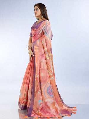 Rajwada Peach Pink Cotton Blend Printed Saree For Women