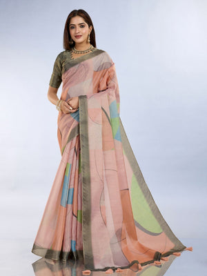 Rajwada Pastel Peach Cotton Blend  Printed Saree For Women