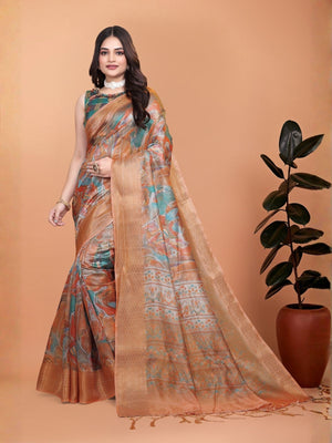 Rajwada Light Brown Cotton Blend Printed Saree For Women