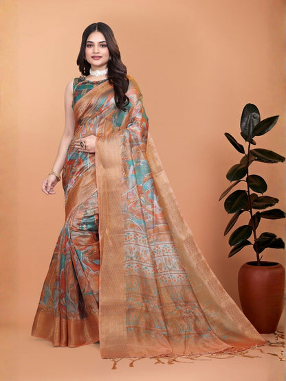 Rajwada Light Brown Cotton Blend Printed Saree For Women