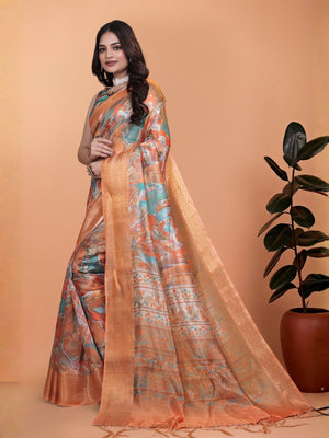 Rajwada Light Brown Cotton Blend Printed Saree For Women