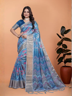 Rajwada Light Blue Cotton Blend Printed Saree For Women