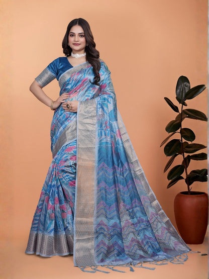 Rajwada Light Blue Cotton Blend Printed Saree For Women