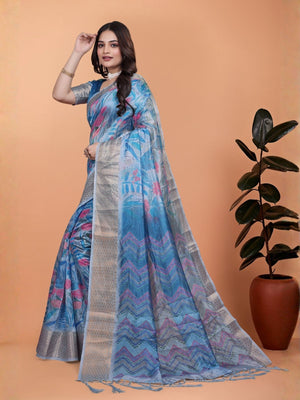 Rajwada Light Blue Cotton Blend Printed Saree For Women