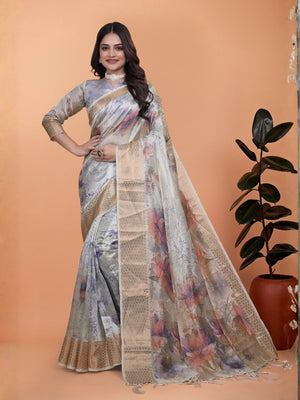 Rajwada Ash Grey Cotton Blend Printed Saree For Women