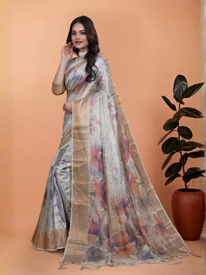 Rajwada Ash Grey Cotton Blend Printed Saree For Women