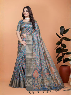 Rajwada Blue Greyish Cotton Blend Printed Saree For Women