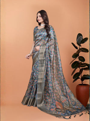 Rajwada Blue Greyish Cotton Blend Printed Saree For Women