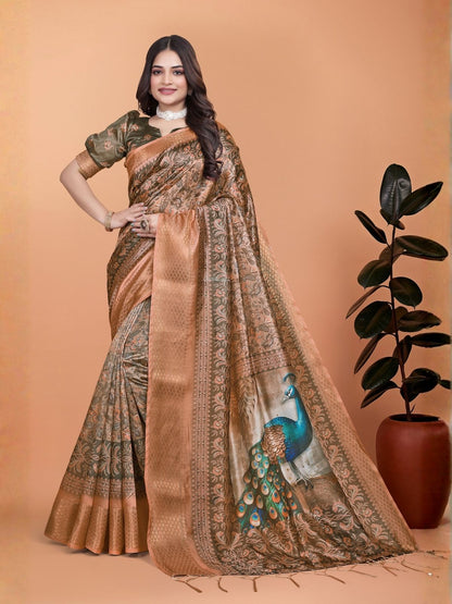 Rajwada Brown Cotton Blend Printed Saree For Women