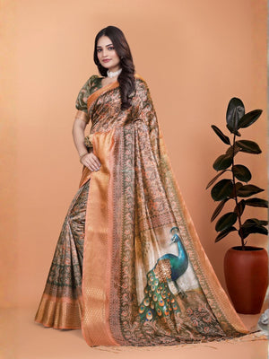 Rajwada Brown Cotton Blend Printed Saree For Women