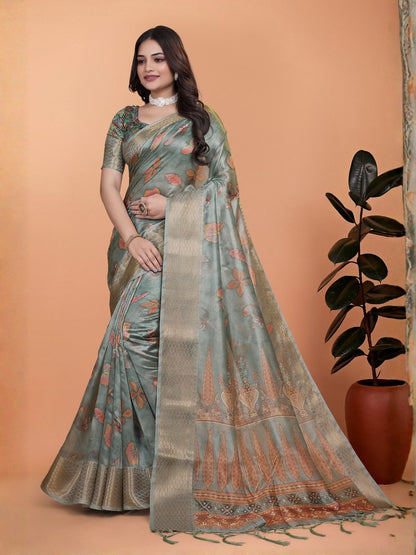 Rajwada Sage Green Cotton Blend Printed Saree For Women