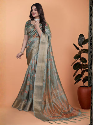 Rajwada Sage Green Cotton Blend Printed Saree For Women