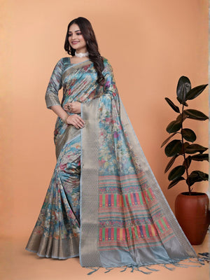 Rajwada Pastel Blue Cotton Blend Printed Saree For Women