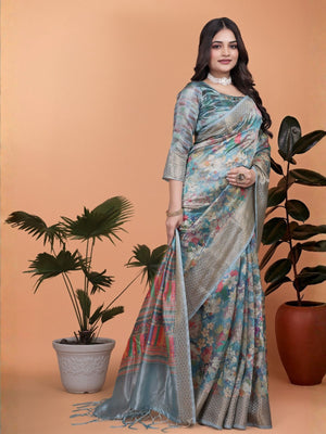 Rajwada Pastel Blue Cotton Blend Printed Saree For Women