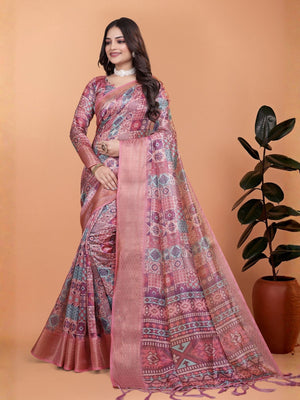 Rajwada Dusty Pink Cotton Blend Printed Saree For Women