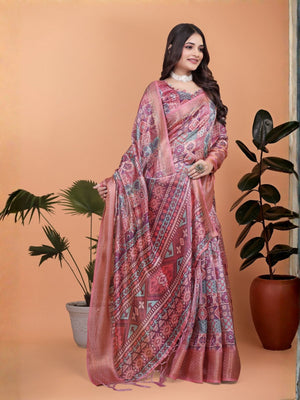 Rajwada Dusty Pink Cotton Blend Printed Saree For Women