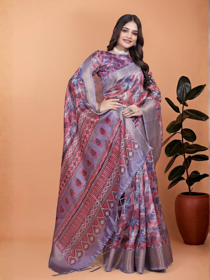 Rajwada Lavender And Mauve Cotton Blend Printed Saree For Women