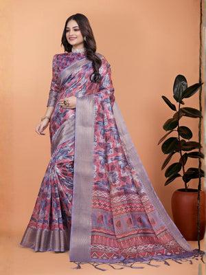 Rajwada Lavender And Mauve Cotton Blend Printed Saree For Women