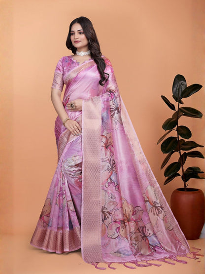 Rajwada Pink Cotton Blend Printed Saree For Women