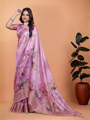 Rajwada Pink Cotton Blend Printed Saree For Women